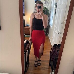 Uncle Studios Red Ribbed Knit Midi Skirt with Slit like new size small